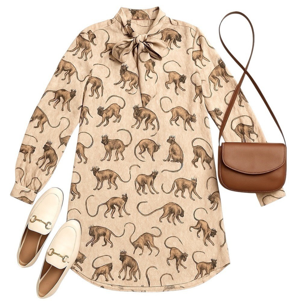 H&M Monkey Print Tie Neck Shift Dress Size 2 Cream Jacquard Rare Discontinued - Picture 4 of 16